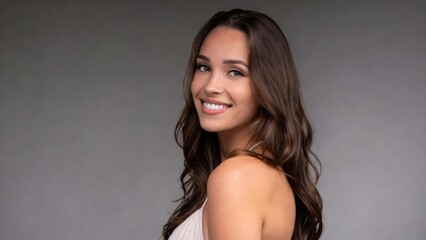 Fototapeta premium Young woman smiling over shoulder in neutral studio