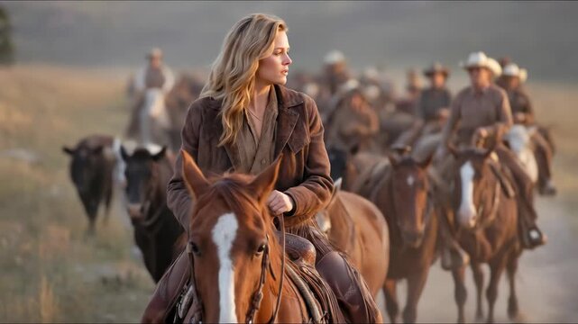A woman rides a horse leading cattle across a dusty prairie, dressed in rugged western frontier attire, embodying the spirit of the American West.