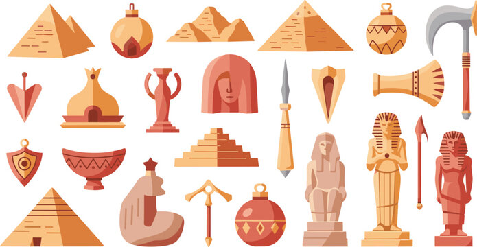 Ancient Egypt Vector Icon Set Featuring Giza Pyramids, Pharaoh Statues, Sphinx, Hieroglyphi