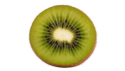 Fototapeta premium Vibrant green kiwi fruit slice with black seeds and white core, isolated on transparent background