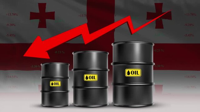 Georgia Flag with Oil Barrels and Red downward Arrow Rising Crude Prices Economic Growth