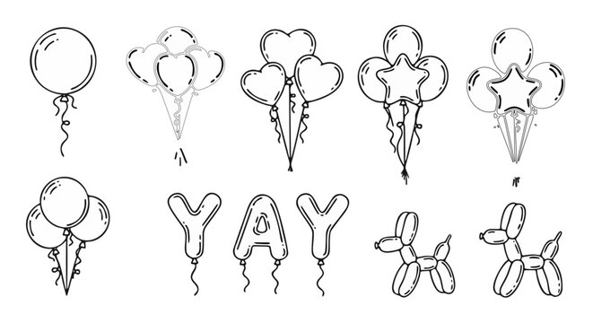 Hand drawn party balloon vector set, festive celebration balloons with heart and star shapes, black and white line art balloon dog and yay letter icons