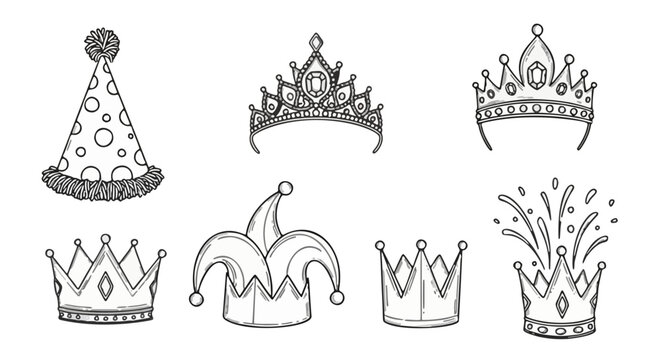 Hand drawn party hats and royal crown collection, set of 7 celebration headwear icons, black and white jester and tiara vector illustrations