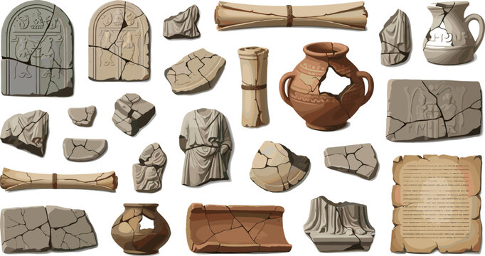 Ancient Artifacts Collection with Stone Tablets, Broken Sculptures, Clay Pots, Scrolls, and Ruins Elements for History, Archaeology, and Museum Illustration Design