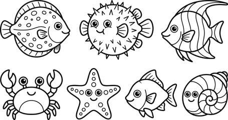 Cute Ocean Animals Outline Set with Fish Crab Starfish Shell and Puffer Cartoon Characters for Kids Coloring Book Marine Life Vector Illustration © Nurchhana