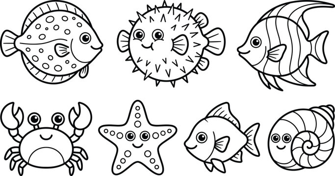 Cute Ocean Animals Outline Set with Fish Crab Starfish Shell and Puffer Cartoon Characters for Kids Coloring Book Marine Life Vector Illustration