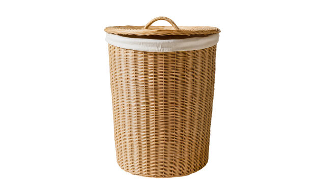 Tall woven wicker laundry hamper with lid and fabric liner, isolated on transparent background