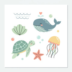 Naklejka premium Flat illustration of a sea turtle, whale, jellyfish, starfish, and seashell with bubbles and waves