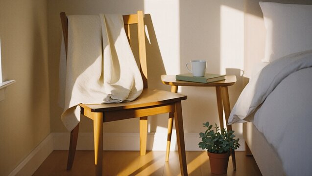 Sunlit bedroom corner with chair, table, and soft natural morning light