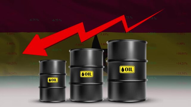 Ghana Flag with Oil Barrels and Red Downward Arrow Falling Crude Prices Economic Decline