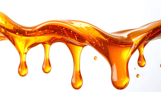 A vibrant, golden liquid cascades downwards in a fluid motion, creating a visually striking display of texture and light against a clean white background.