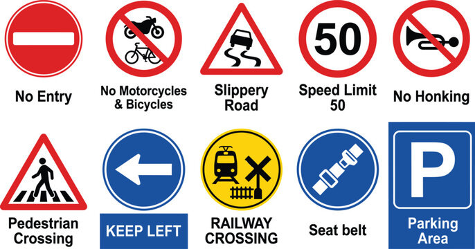 Collection of traffic and road safety signs essential symbols for navigation and regulation vector illustra