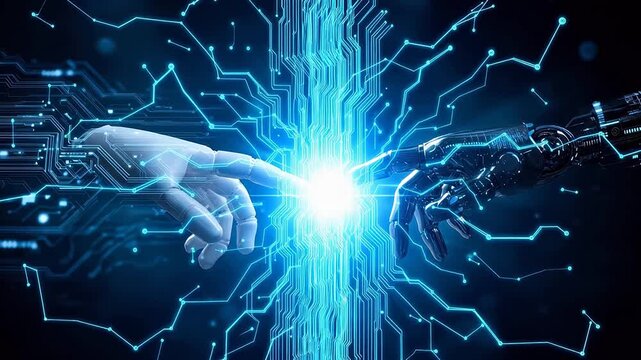 Human and robot hands touching with blue light