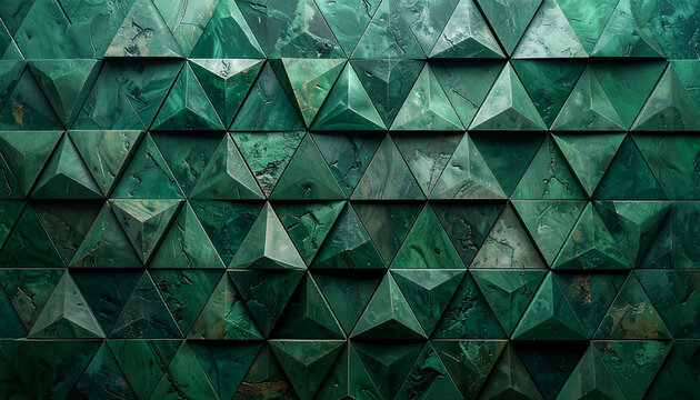 A striking close-up showcases a textured wall composed of numerous dark green triangular tiles, creating a geometric and visually captivating pattern.