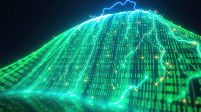 Digital wave formed by binary code streams. Futuristic concept representing data, technology, network connections. Vibrant green hues dominate image.