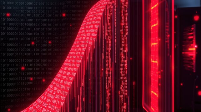 Digital rain, glowing red lines, futuristic interface. Binary code cascades down dark background, creating immersive visual effect.