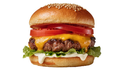 Juicy cheeseburger with melted cheddar cheese and fresh tomato slices, isolated on transparent background