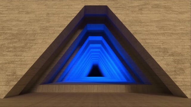 青い光を放つ幾何学的な石灰岩のピラミッド地下室構造