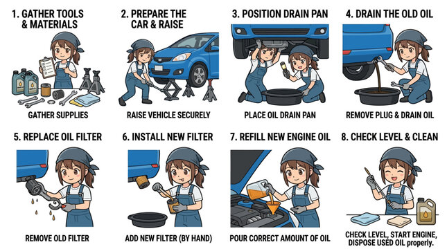 A female mechanic performs an eight step automotive oil change tutorial featuring clear instructions for vehicle maintenance and engine fluid care