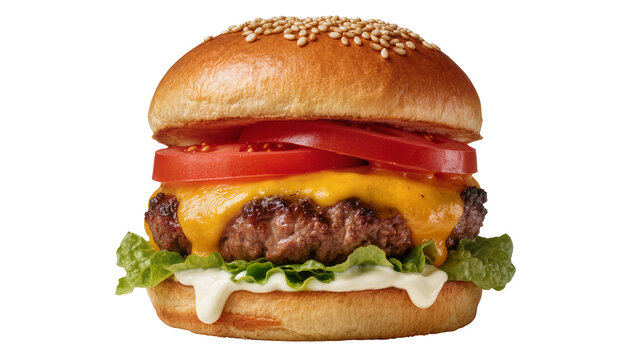 Juicy cheeseburger with melted cheddar cheese and fresh tomato slices, isolated on transparent background