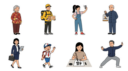 Fototapeta premium Diverse group of illustrated characters including a delivery worker, office professional, student, elderly individuals, and a person practicing martial arts