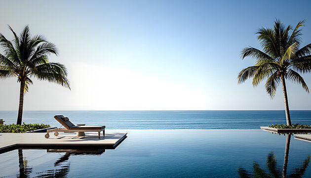Modern infinity pool edge with minimalist sun loungers and palm trees overlooking serene ocean view