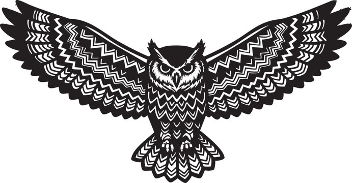 Black and white owl with spread wings