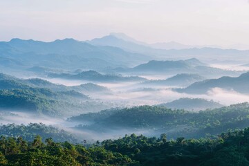 Fototapeta premium 日の出の霧の山々と緑の谷