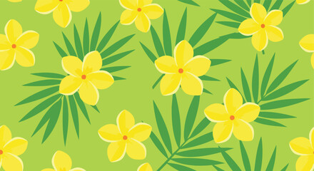 Fototapeta premium Yellow Plumeria and Palm Leaves. Seamless Pattern. Tropical Floral Design. Botanical Illustration.