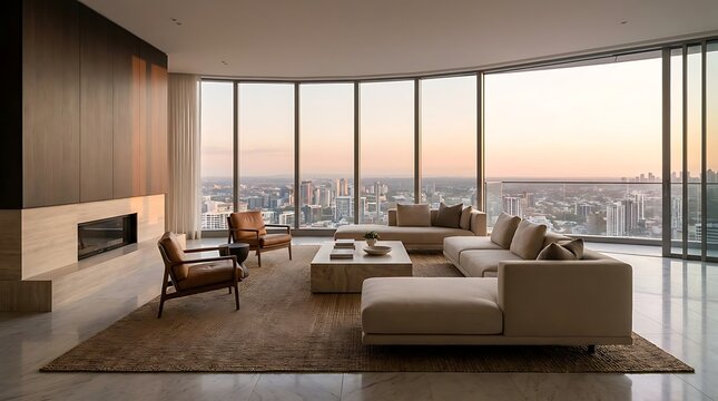 Modern living room interior with sofa, chairs, and fireplace overlooking cityscape at sunset