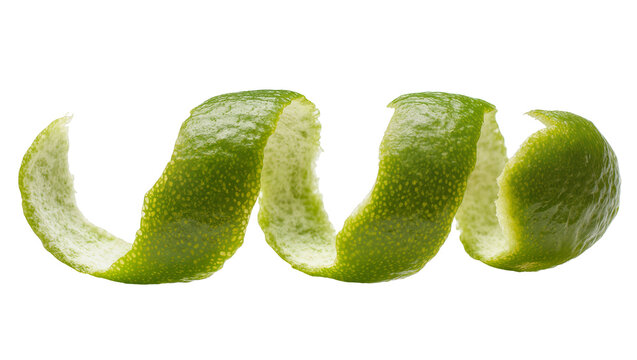 Green lime peel spiral twist textured zest, isolated on transparent background