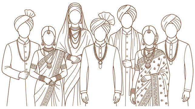 Indian wedding traditional attire drawing with bride and groom outline.