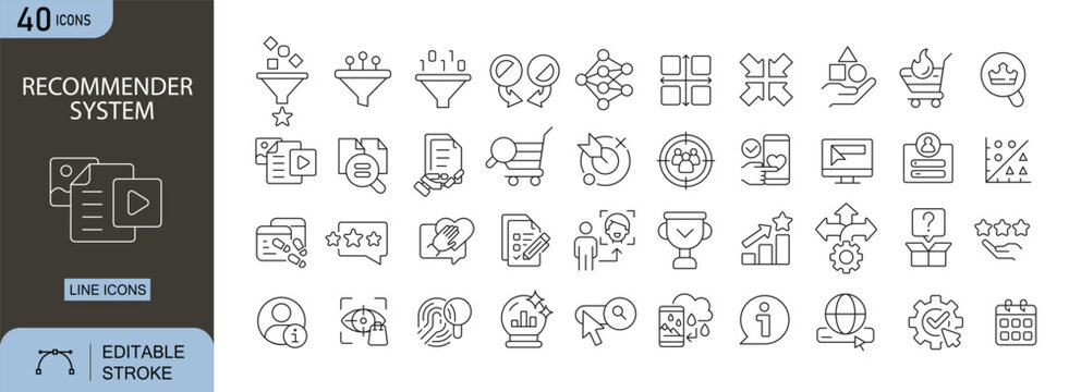 Recommender system icons set representing personalized suggestions, data analysis, user behavior, algorithms, machine learning, content filtering, prediction and digital systems. Editable stroke.