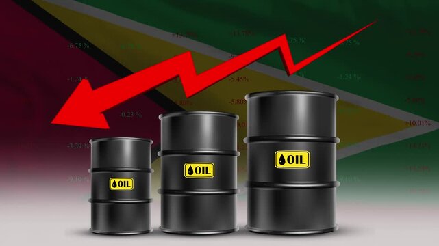 Guyana flag with oil barrels and red downward arrow falling prices concept