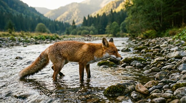 Wild red fox standing in a tranquil mountain stream landscape