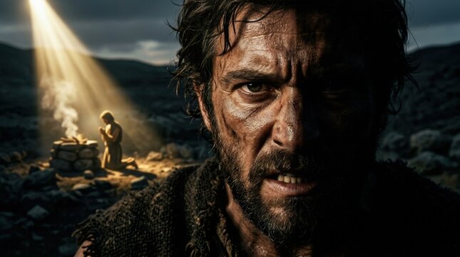 Biblical fraternal drama: Cain human anger, Abel divine worship, Bible sacred teaching, religion ancient conflict, sibling primordial envy, sacrifice solemn act, brother fatal deed.