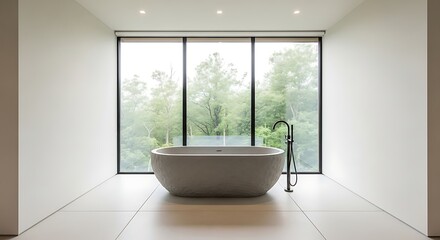 Fototapeta premium Modern freestanding bathtub with large window view of green trees and nature, minimalist bathroom design, luxury home interior, natural light