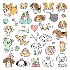Fototapeta premium A colorful collection of cartoon dogs and cats in various poses and outfits on a white background