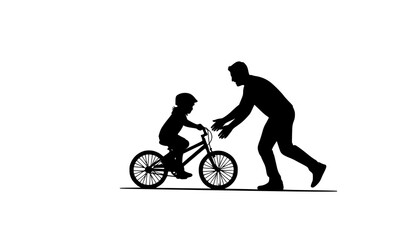 Obraz premium Child first bicycle ride silhouette vector with father guiding learning bike without stabilisers isolated on white background