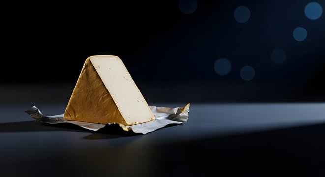 Golden triangular chocolate piece on foil with dark bokeh background