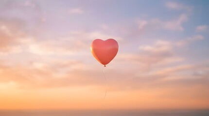 Fototapeta premium Single red heart shaped balloon floating in sunset sky