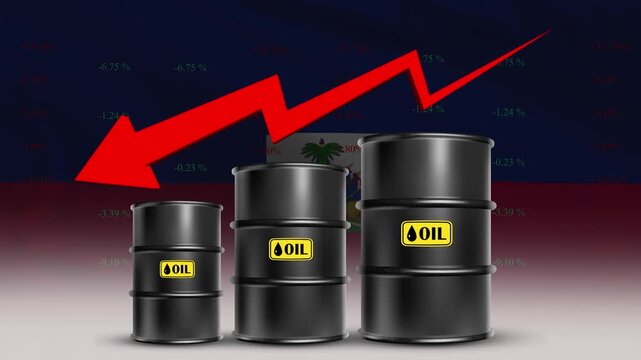 Haiti flag with oil barrels and red downward arrow showing falling crude prices