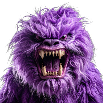 A strikingly surreal and vibrant purple monster with a ferocious expression roars against a stark black background, showcasing a blend of fantasy and digital artistry.