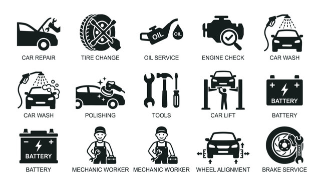 Collection of black and white icons representing various car repair, maintenance, and service tasks, including mechanics and tools.