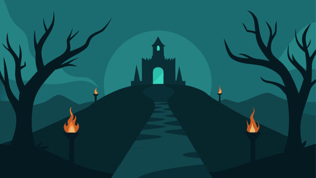 Haunted path with silhouetted trees and glowing jack-o-lanterns at night