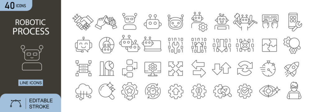 Robotic process automation icons set representing automation, bots, workflow, repetitive tasks, software robots, digital operations, efficiency and business process in clean outline style. 