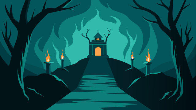 A mysterious hooded figure walking through a dark enchanted forest