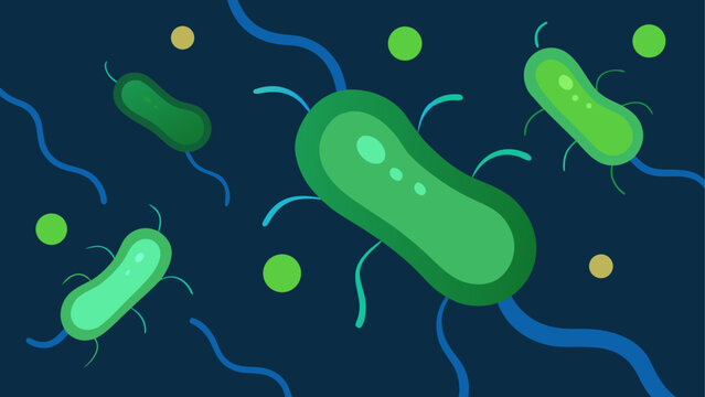 Microscopic view of glowing green bacteria cells under ultraviolet light
