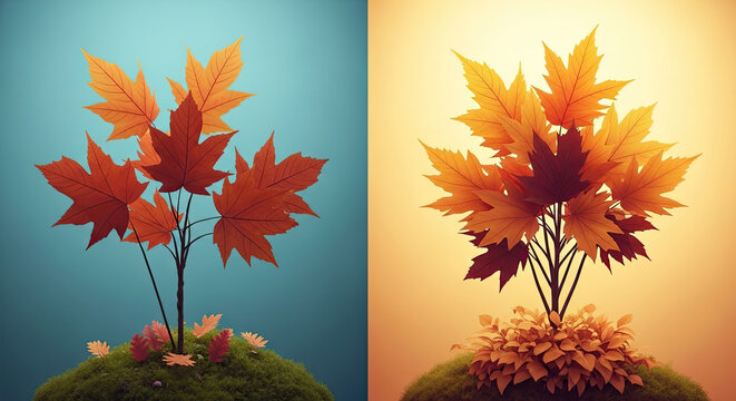 A split screen image of a small tree with vibrant autumn leaves