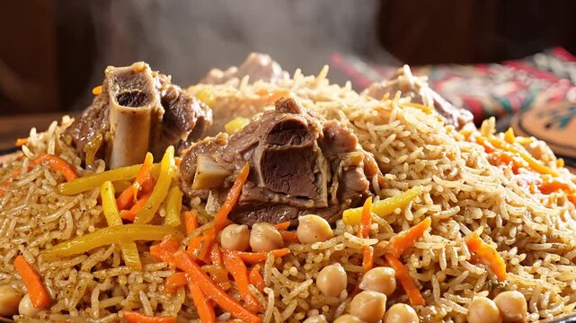 Delicious Steaming Kabuli Pulao with Lamb Chops and Vegetables.